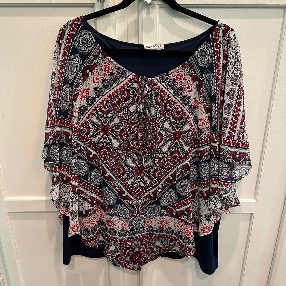 3X Women's Paisley Print Top - Navy and Red